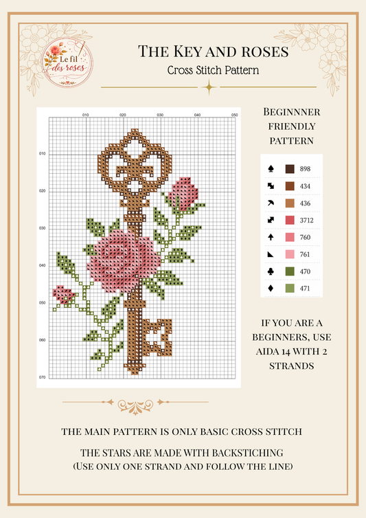 La Clé et les Roses - Patron de point de croix gratuit